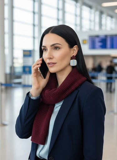 Woman talking on a phone in an airport terminal